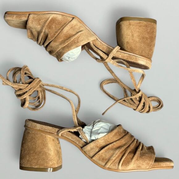 Alohas Kahlo Suede Ankle Tie Heeled Sandal in Camel - Picture 5 of 10